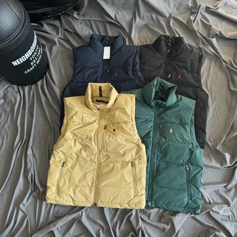 Polo Ralph Lauren stand-collar down vest with embroidered pony, offered in a multicolor range