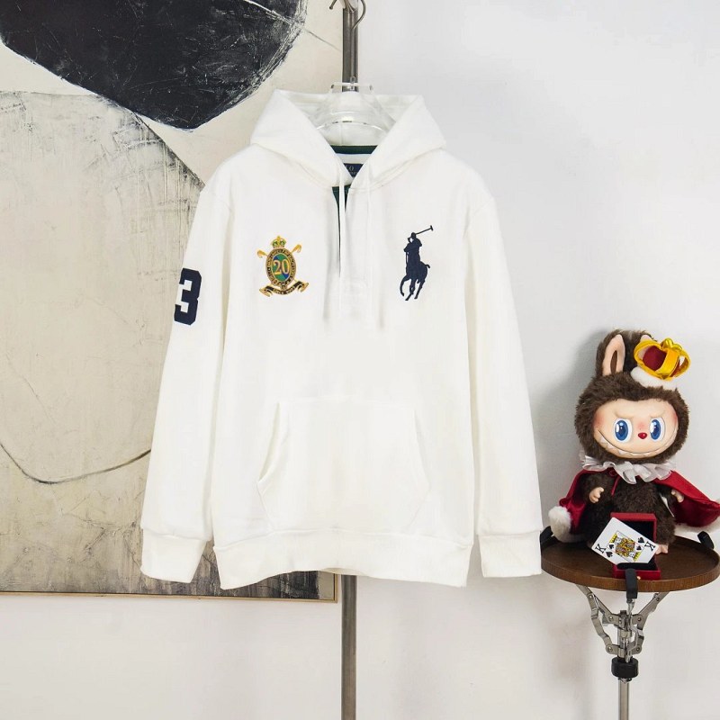 Polo Ralph Lauren white hoodie with 20th-anniversary badge embroidery and a deconstructed half-placket