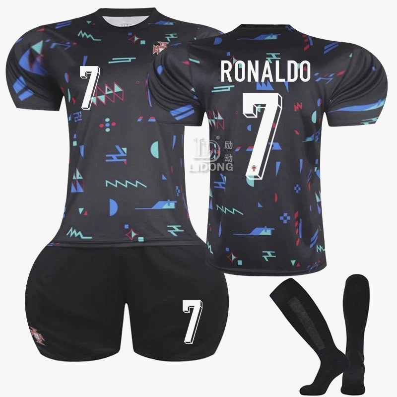 Portugal Black Retro-Style Football Jersey in Polyester Blend, Sold With Optional Socks and Pads
