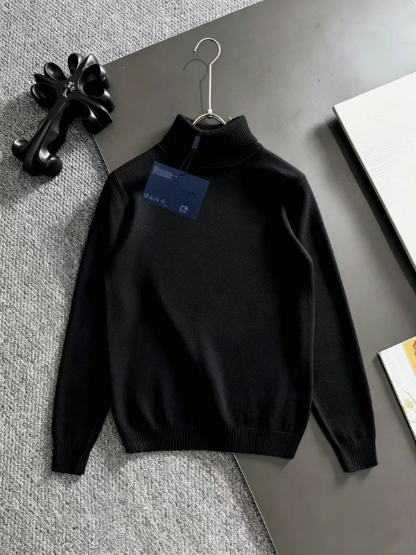 Prada Black Ribbed Wool-Blend Crewneck Sweater in Fine Vertical Rib Knit