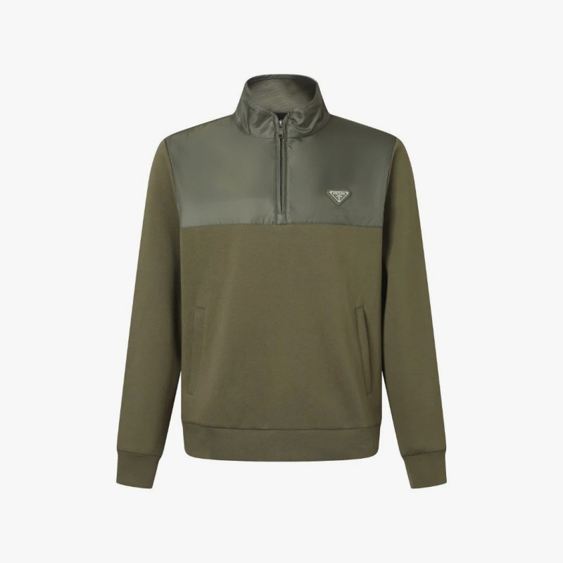 Prada Army Green Half-Zip Sweater in Cotton Knit and Nylon Paneling