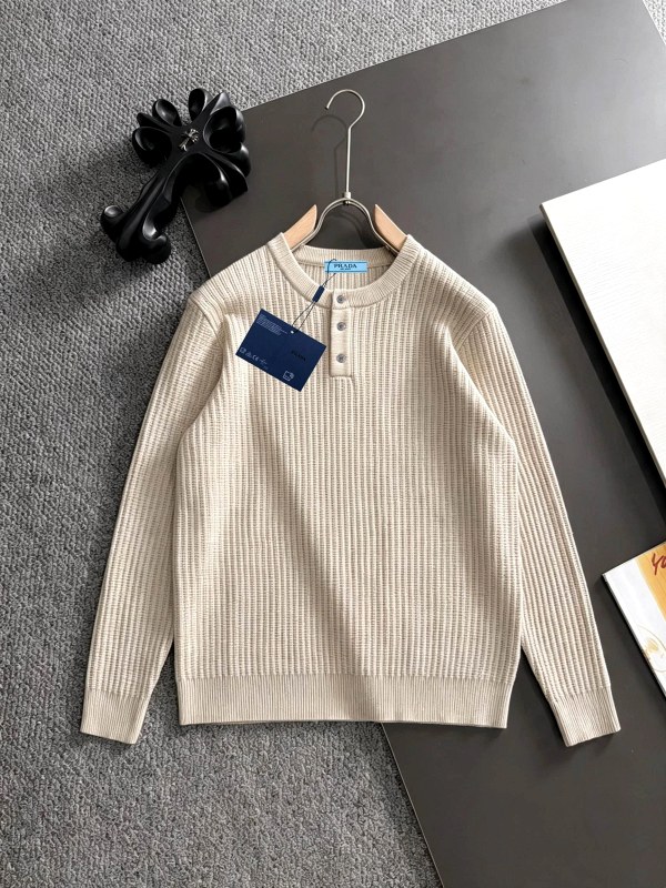 Prada Beige Crewneck Sweater in Fine Vertical Rib Knit