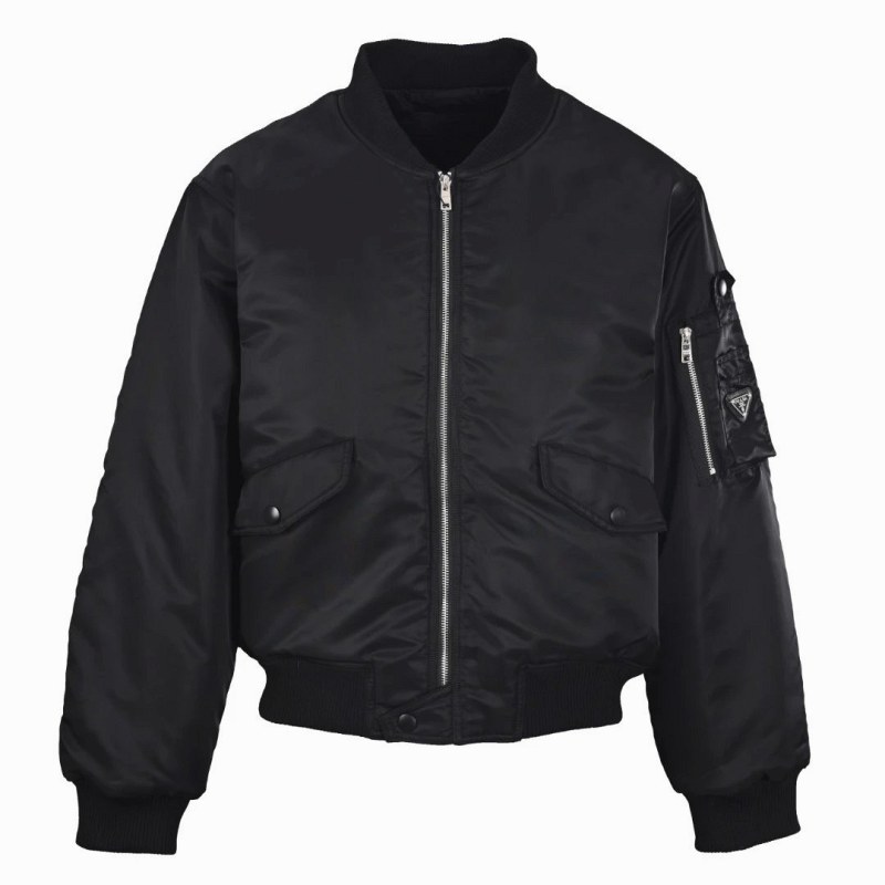 Prada Black Leather-Titled Jacket with a Recycled-Nylon Flight-Jacket Build