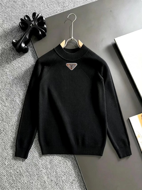 Prada Black Ribbed-Knit Crewneck Sweater in a Wool Blend, M–3XL