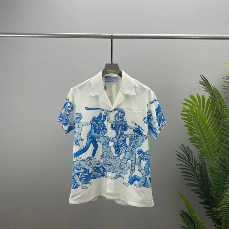 Prada Blue-and-White Graphic Shirt: Slim-Fit Four-Way Stretch Knit, M–XXXL