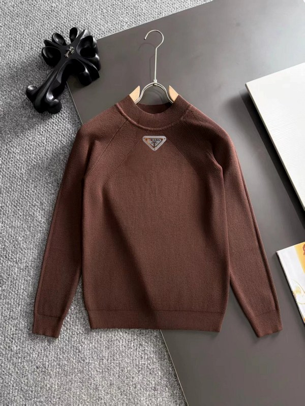 Prada brown ribbed-knit crewneck sweater in wool blend, sizes M–3XL