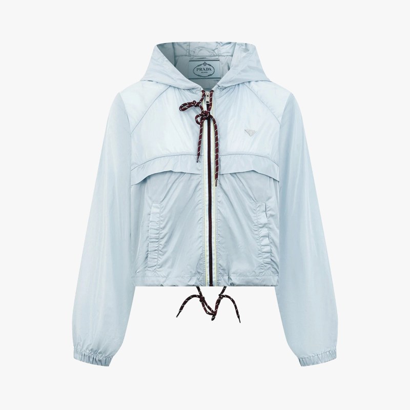 Prada Women's Re-Nylon Hooded Jacket in Mist Blue, Cropped and Boxy