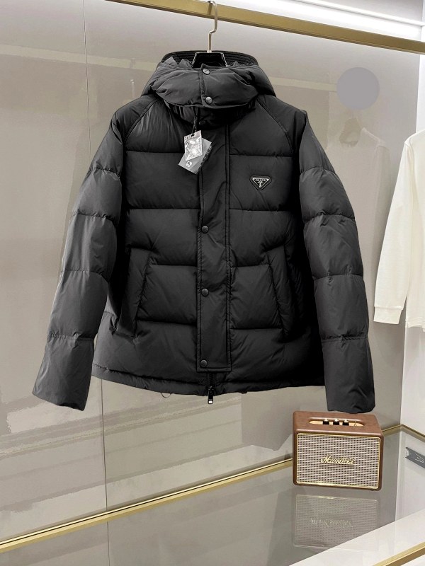 Prada Black Puffer Jacket: Colorblock Logo Style with a Wide Unisex Size Run