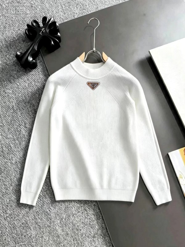 Prada White Rib-Knit Crewneck Sweater, Listed as a Wool Blend in M–3XL