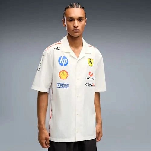 Puma Scuderia Ferrari HP Cream Team Shirt: Long-Body Button-Front Cut for Tucking In