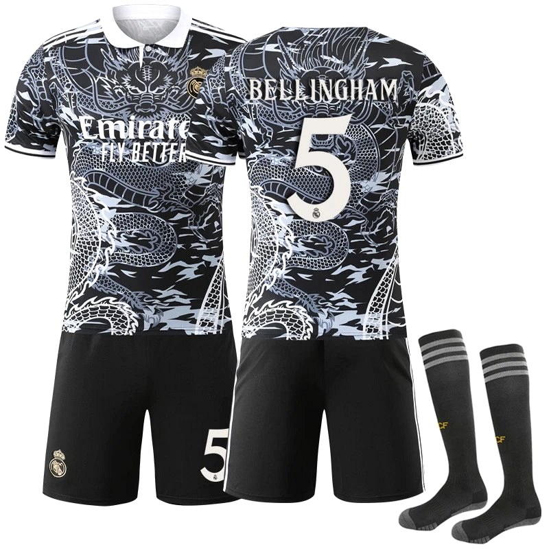 Real Madrid Black Retro-Style Jersey with a White Dragon Motif and Numbered Variants