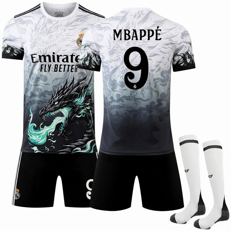 Retro-style black Real Madrid football jersey with number-and-socks bundle options
