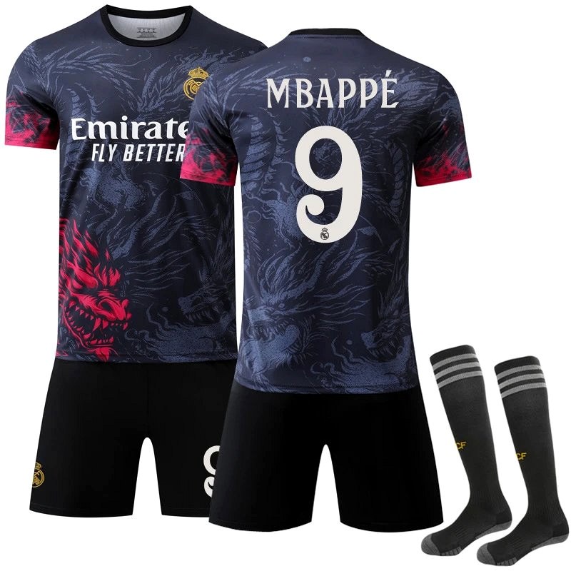 Black Real Madrid streetwear tee in numbered and dragon-print fantasy graphics, with kids' and adult sizes