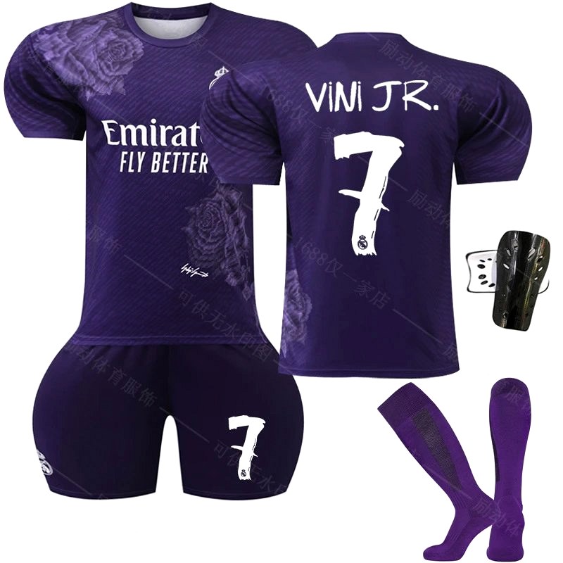 Real Madrid Purple Retro-Style Football Jersey in Polyester Blend, Sold With Socks and Optional Pads
