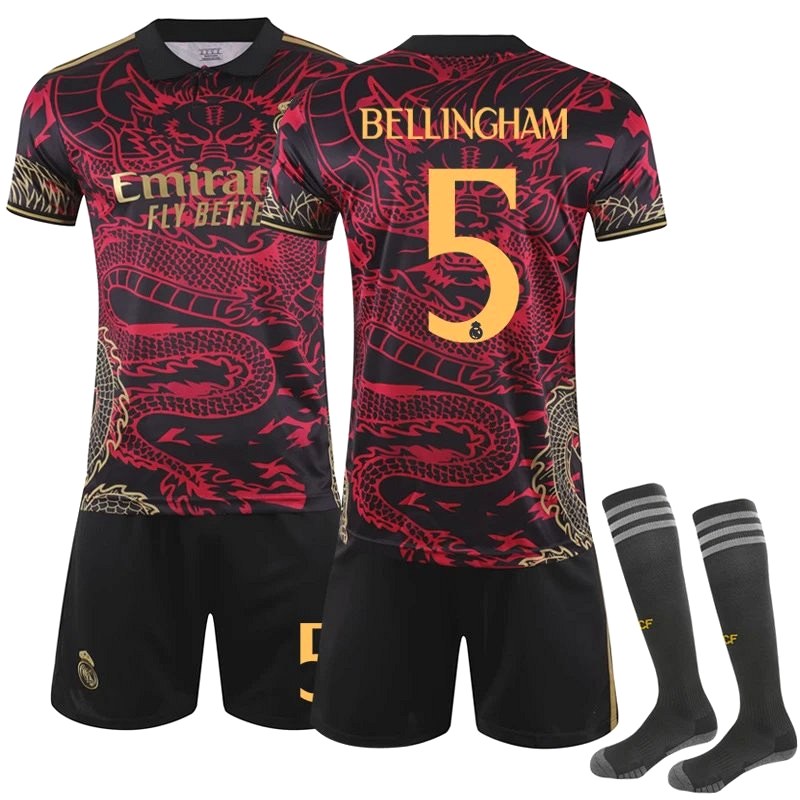 Black retro-style Real Madrid jersey with configurable sleeve numbers and dragon-print variants