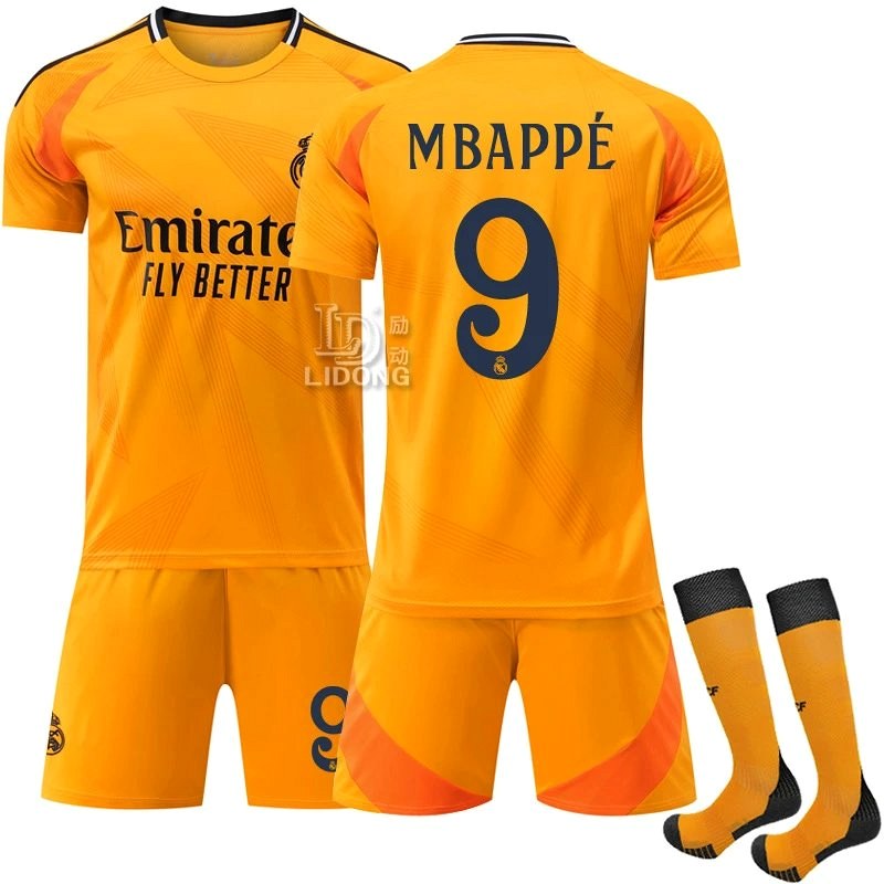 Real Madrid retro orange football jersey with youth-to-adult sizing (#16–3XL)