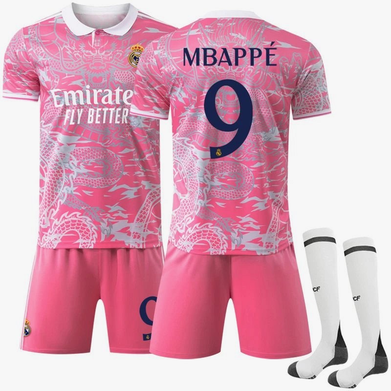 Pink Real Madrid Retro Jersey With Numbered Sock Sets and a Dragon Special Edition