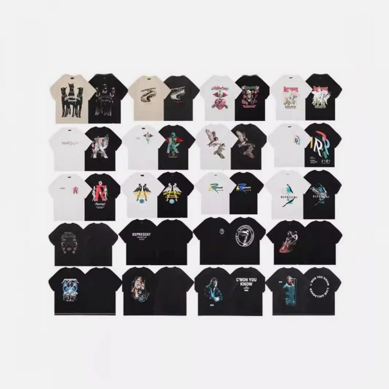Represent washed multicolor graphic tees: combed cotton, relaxed cut, heat-transfer prints