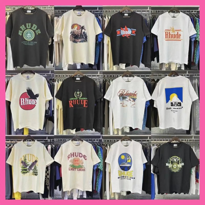 Rhude Logo Tees in Long-Staple Cotton: Oversized Cut, 220g, Wide Black/White/Apricot Color Run