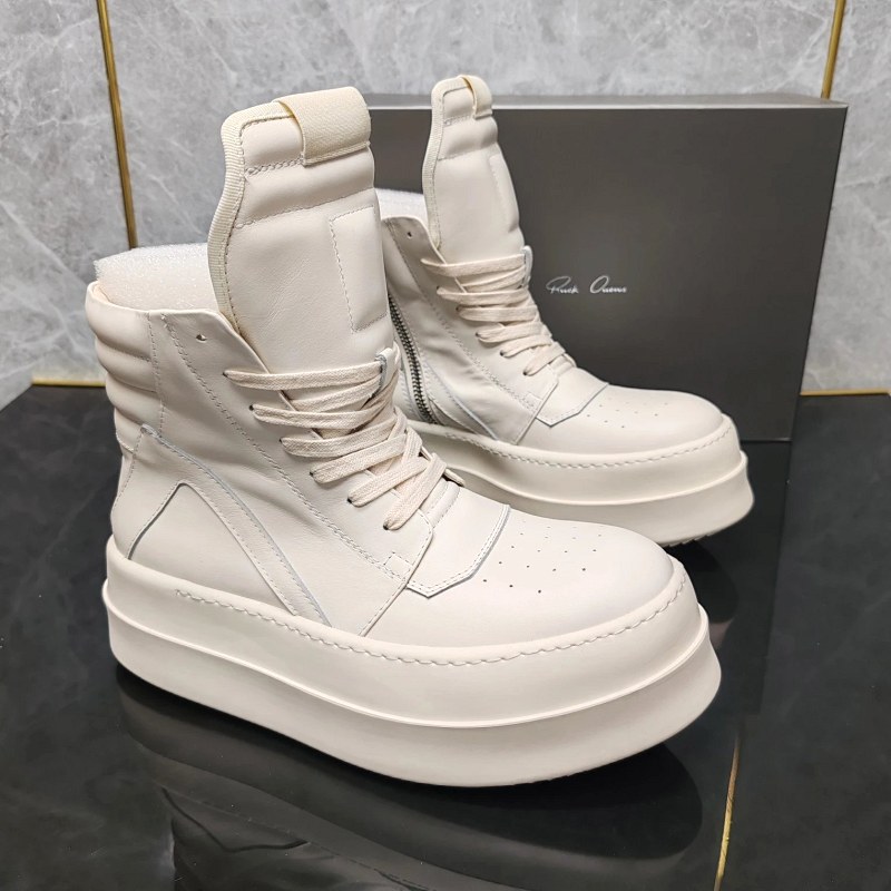 Rick Owens White High-Top Sneakers with Stitched Soles and a Side-Zip Entry