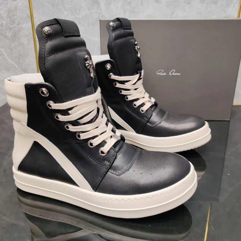 Rick Owens high-top sneakers in full-grain leather with a sewn rubber sole and unisex sizing
