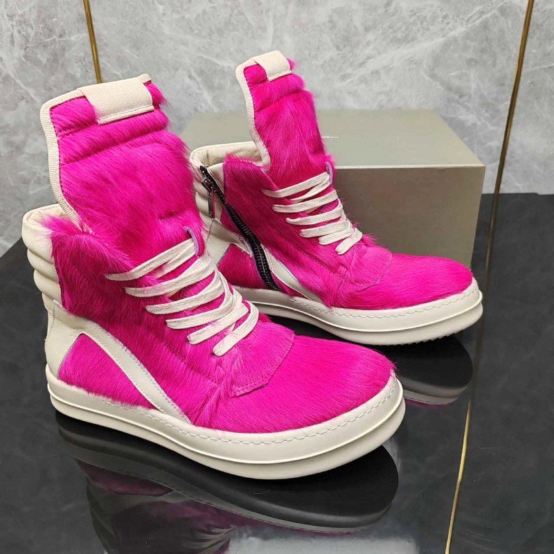 Rick Owens pink high-top sneakers in a court-style silhouette with a fur-and-leather upper and side-zip entry