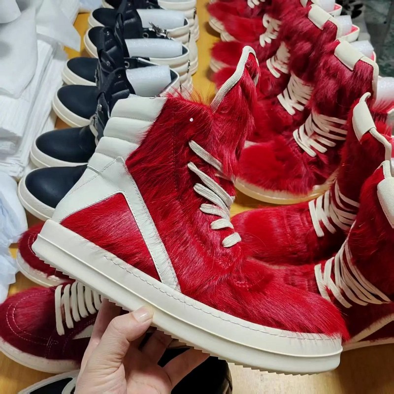 Rick Owens Red High-Top Sneakers with a Fur-Leather Upper and Side-Zip Entry