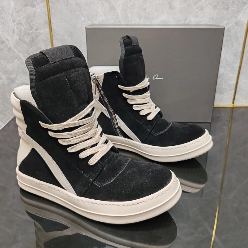 Rick Owens Black High-Top Sneakers: Suede Upper, Stitched Rubber Sole, Lace-Up High-Top