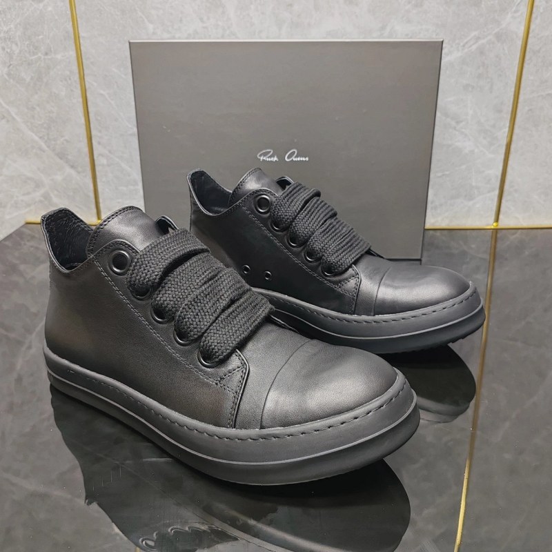 Black leather Rick Owens-style high-top with a stitched rubber sole and full unisex size run
