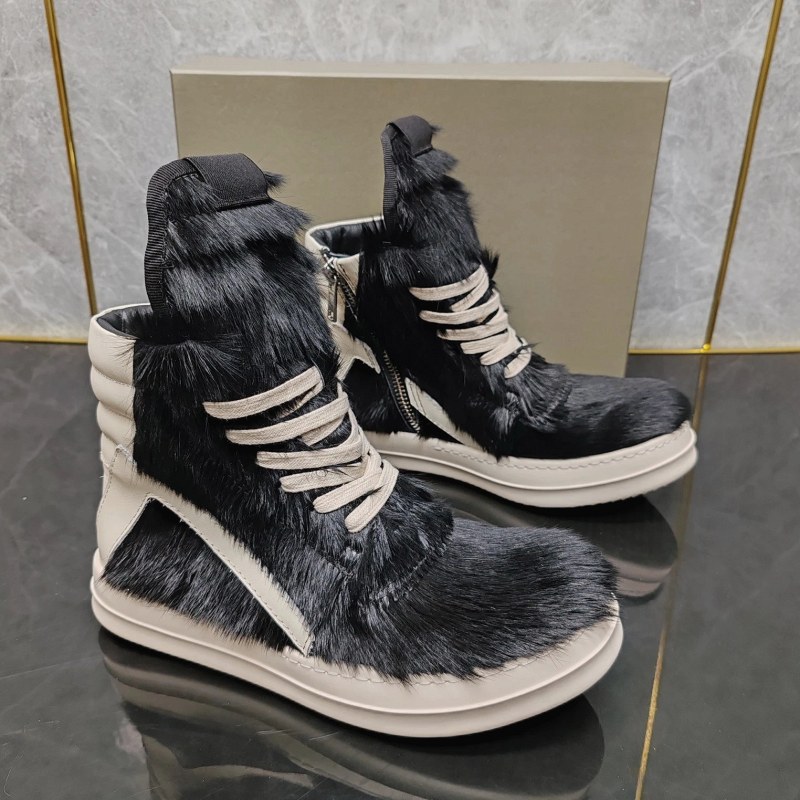 Rick Owens Black High-Top Sneakers with a Fur-and-Leather Upper and Side Zip