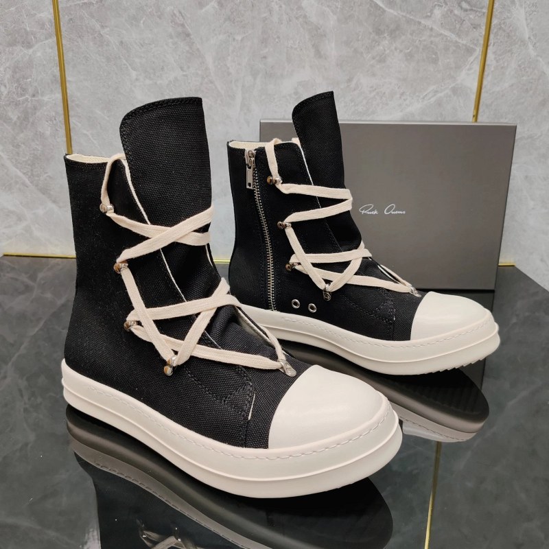 Rick Owens Black High-Top Sneakers in Canvas — Ramones-Style Silhouette, Round Toe and Flat Sole