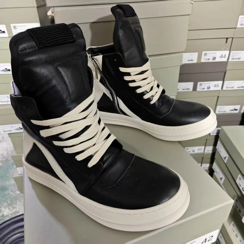 Rick Owens Black High-Top Sneakers with Cowhide Upper and Side-Zip Entry