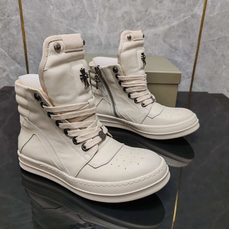 Rick Owens Black High-Top Leather Boots with Side Zip and Stitched Rubber Sole