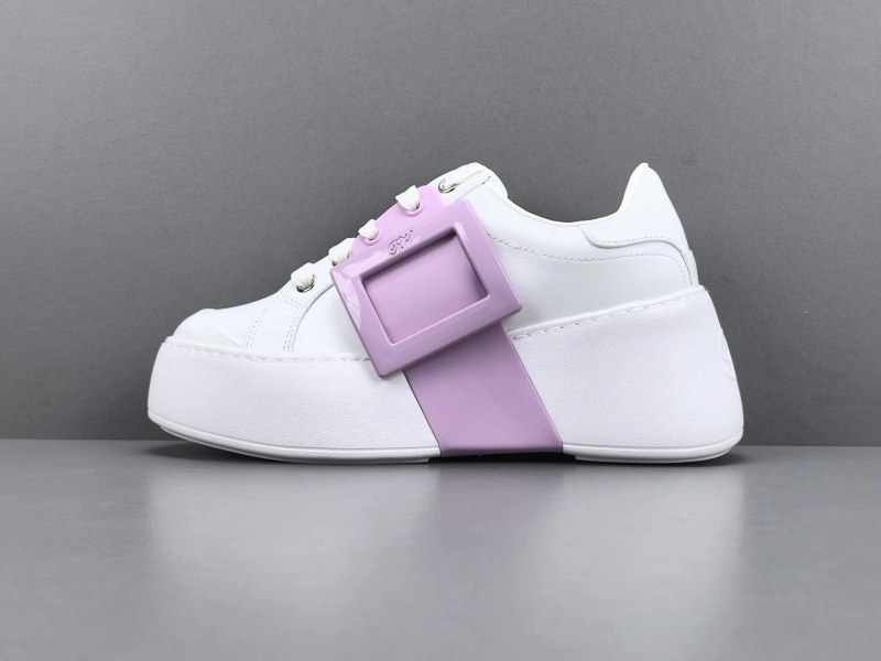 Roger Vivier White and Lilac Buckle Platform Sneakers with Square-Buckle Strap