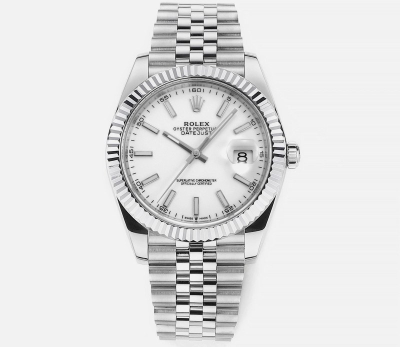 Rolex Datejust 41-Style Watch with 904 Steel Case, Fluted Platinum-Plated Bezel, and Stated 11.5mm Profile