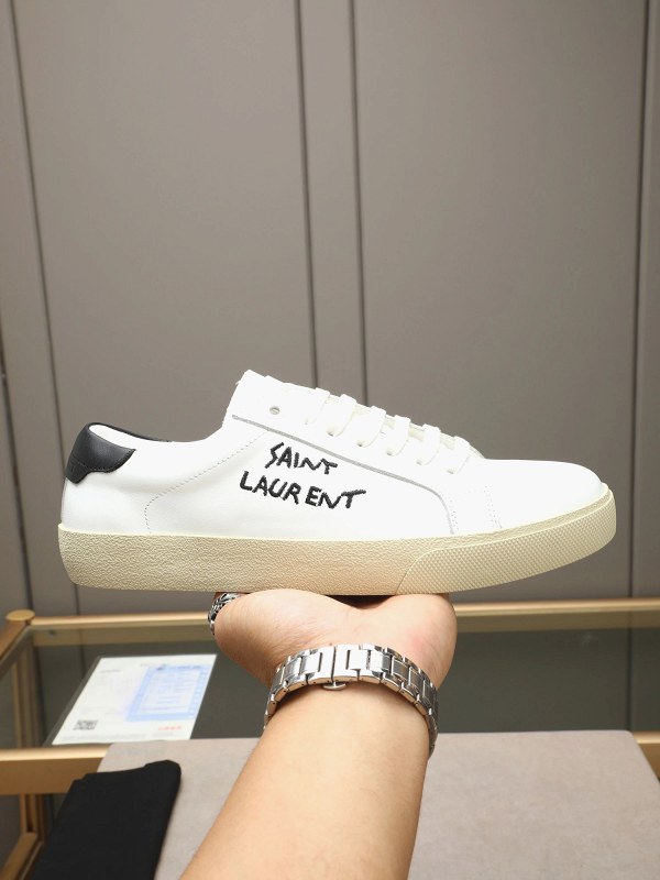 Saint Laurent Court Classic White Logo Low-Top Sneakers: Slim Leather Court Shoe in a Clean, Non-Distressed Finish