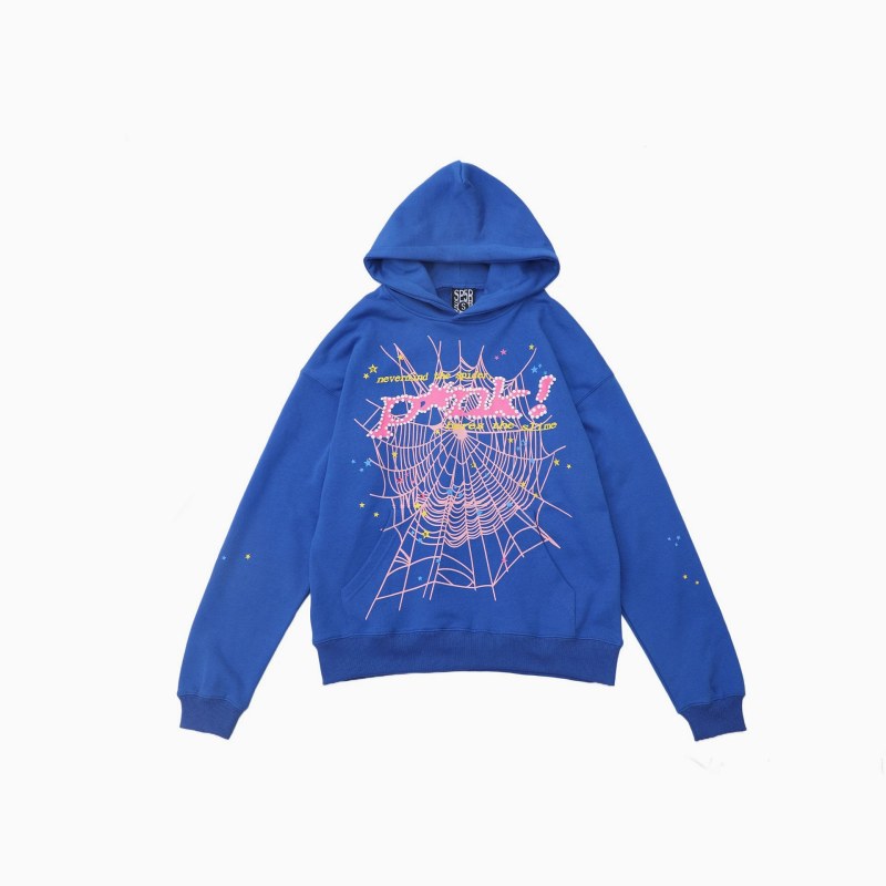 Sp5der Blue Hoodie: Cotton Hooded Pullover in a Relaxed Straight Fit