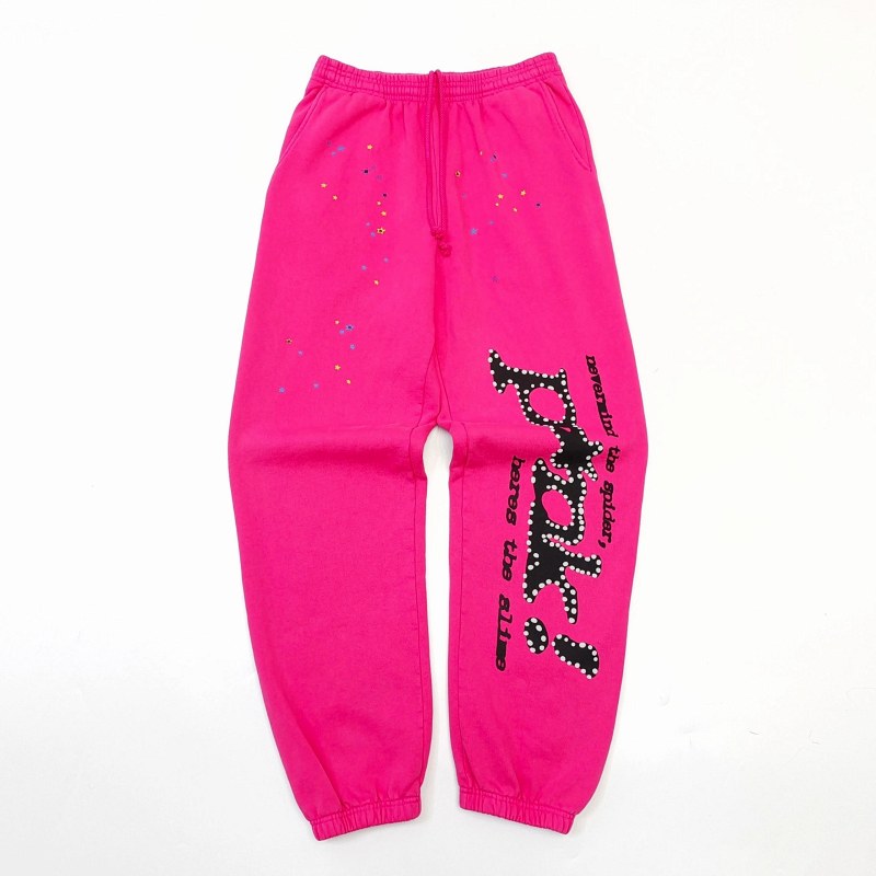 Sp5der FW23 Black Pink V2 sweatpants in 500g OE cotton fleece with spiderweb puff print