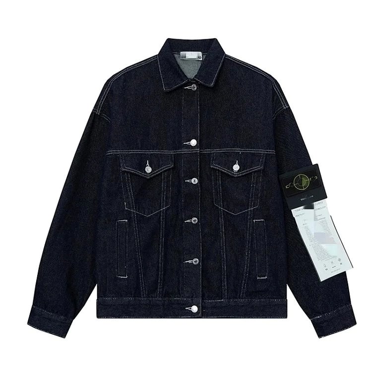 Stone Island denim jacket with a zip front, badge detail, and a loose cut