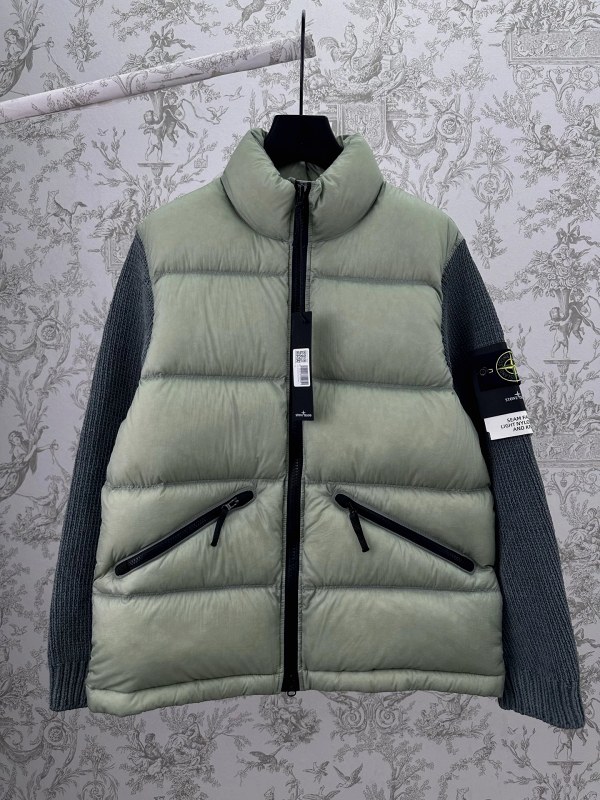 Stone Island green down puffer with badge logo and knit paneling, SS26 range, unisex