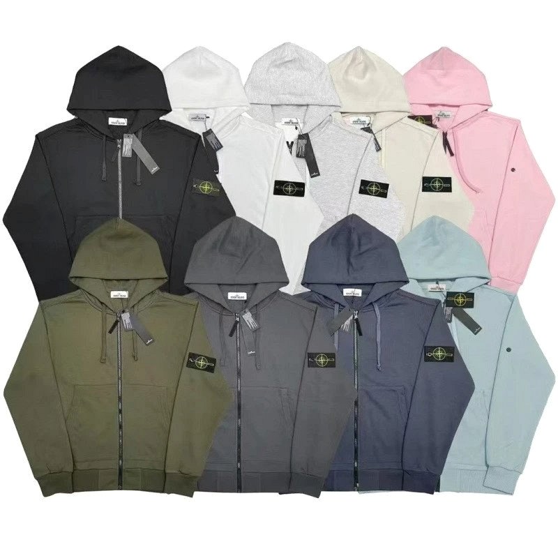Stone Island multicolor hoodie collection: 360g cotton French terry pullover with embroidered lettering