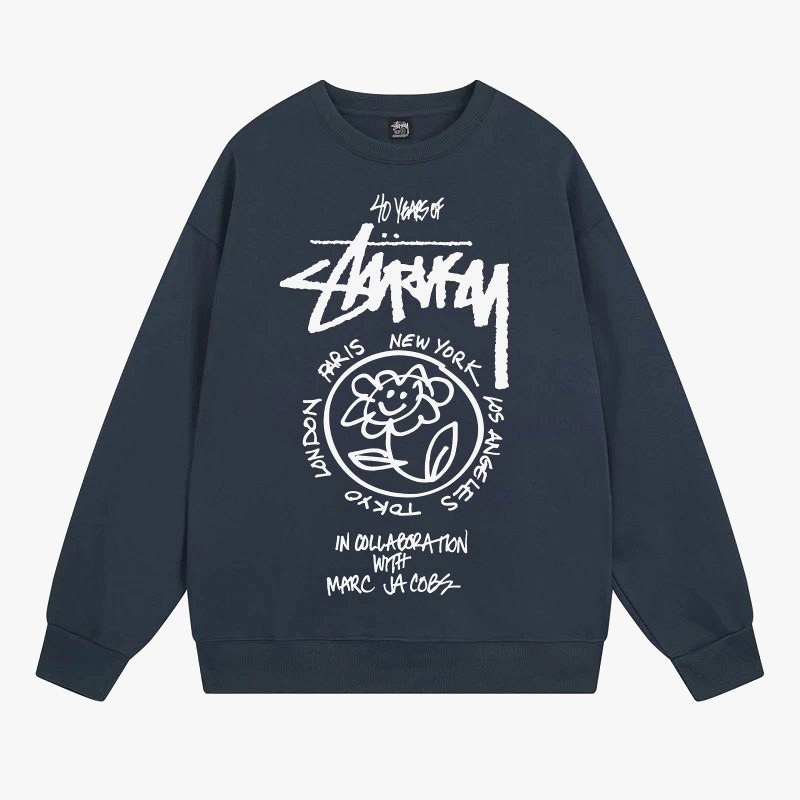 Stussy Navy Pullover Sweater: Thin Cotton Crew in a Broad Color and Size Run