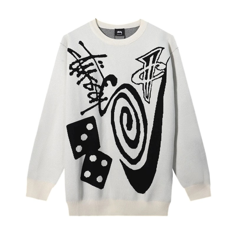 Stussy Graffiti Jacquard Knit Pullover in White and Black, Loose Crew-Neck Cut