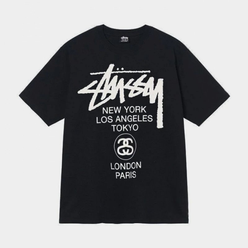 Stussy Letter-Print Black Tee in 250–300 gsm Long-Staple Cotton, Relaxed Cut