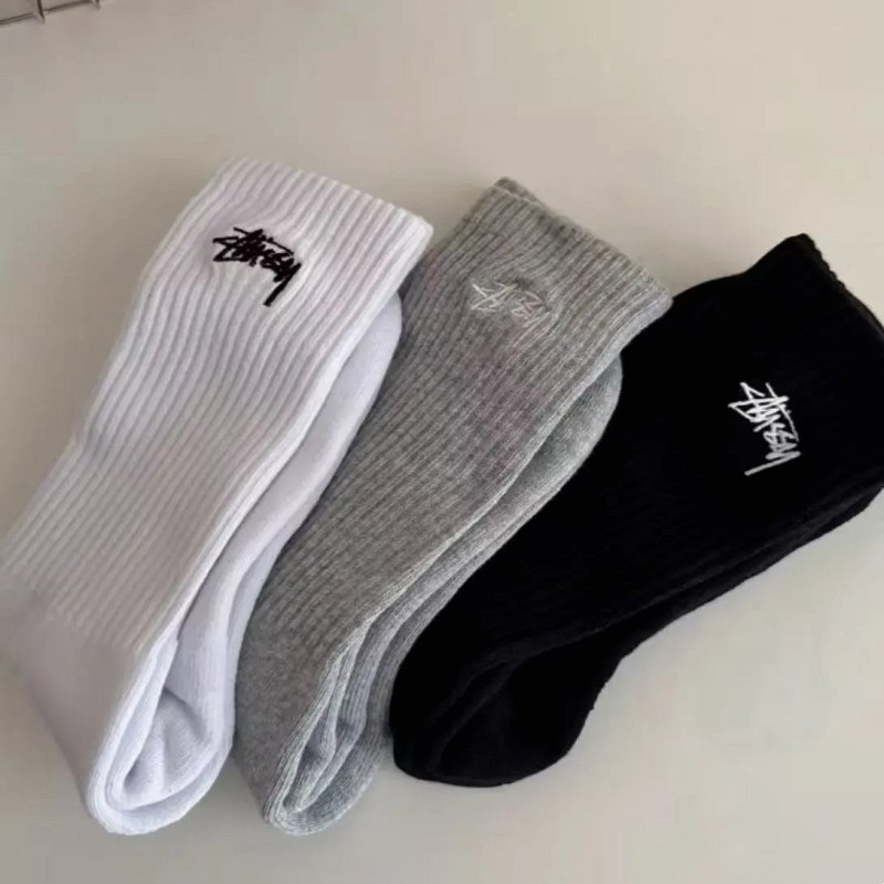 Stussy Multicolour Socks Collection: Thickened Cotton Crew 3-Packs in White, Black or Gray