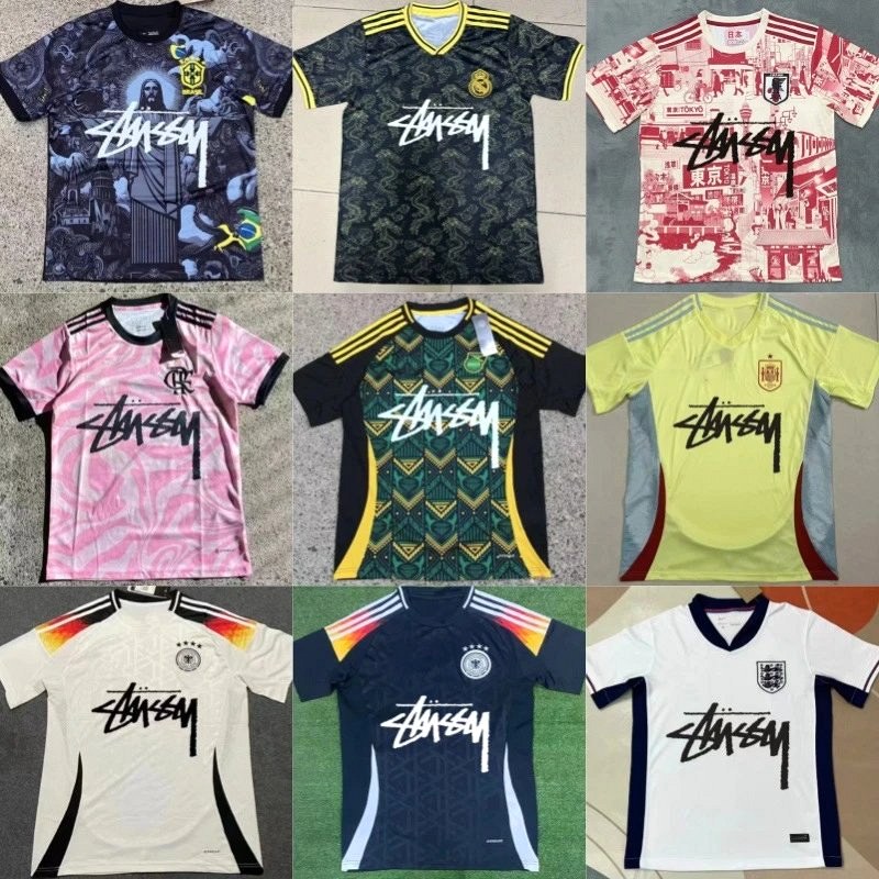 Stussy multicolor sports jersey collection — a short-sleeve training/football jersey listed in S–XXL