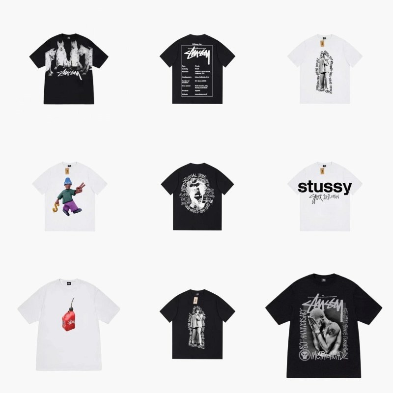 Stussy Graphic Cotton Tee Collection — Loose Crew-Neck Prints in Black and White, S–XXL
