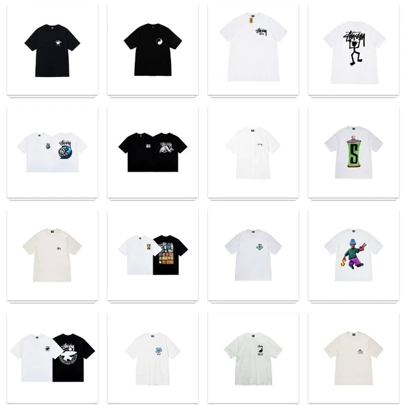 Stussy multicolor cotton crew-neck tee lineup in black and white, S–XL