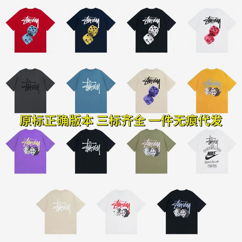Stussy multicolor T-shirt collection: relaxed pure-cotton tees with embroidered lettering in a long color run