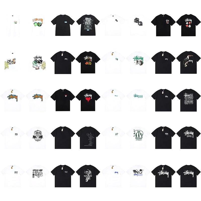 Stussy multicolor cotton graphic tee — loose-fit combed cotton in S–XL white, black and royal blue